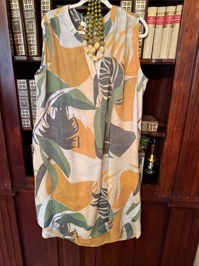 Sleeveless Tropical Print Shift Dress — Mustard, Olive & Cream